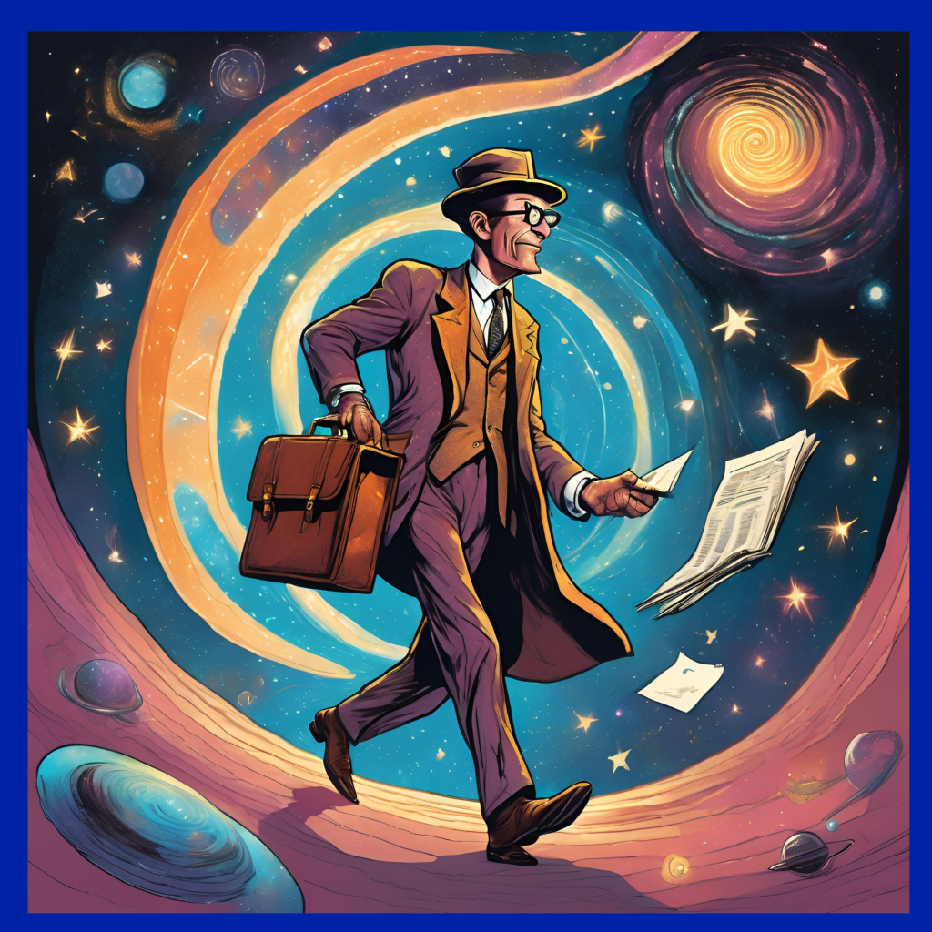 The HMRC quandary. A man holding a satchel travelling through time