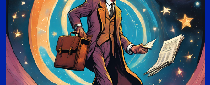 The HMRC quandary. A man holding a satchel travelling through time