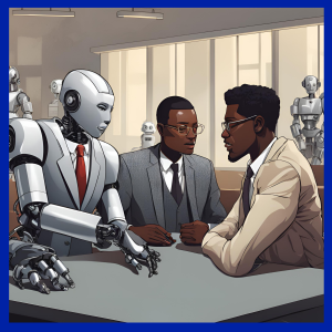 Overcome staff shortages. Two people and a robot sat around a table talking to one another