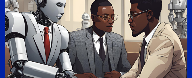 Overcome staff shortages. Two people and a robot sat around a table talking to one another