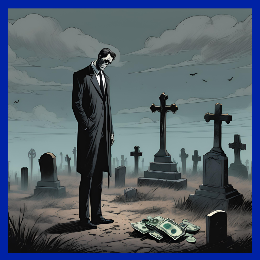 R&D Tax Credits. Man standing over a grave of money