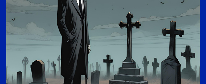 R&D Tax Credits. Man standing over a grave of money