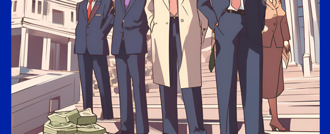 a (tax) hike. people standing outside a building with piles of money in front of them