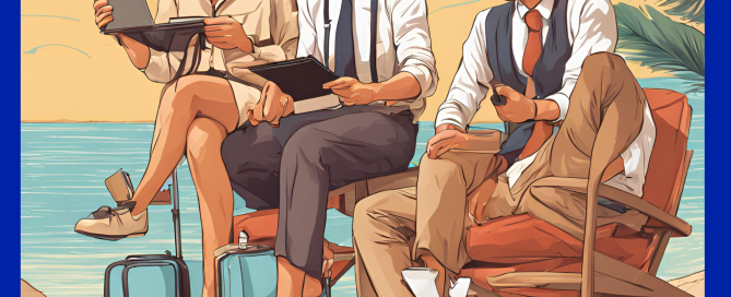 Flexible time off. Three accountants working while sat on a beach