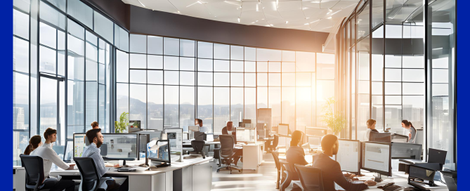 Bots-first accounting. Group of people at desks working in an office