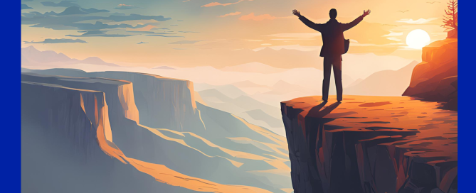 Building trust in accounting automation. Man stood on top of a cliff with his arm lifted up, he's looking at the beautiful view beyond
