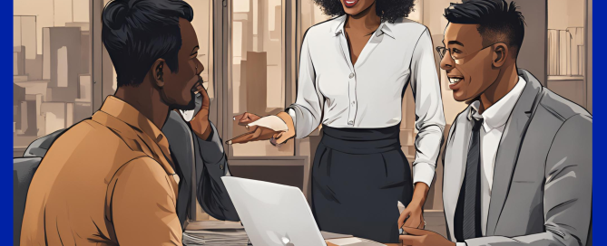 Balancing automation with human expertise. Three people crowded around a desk with a laptop on it