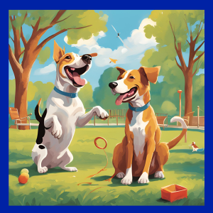 Old dogs new tricks. Two dogs in a park with toys