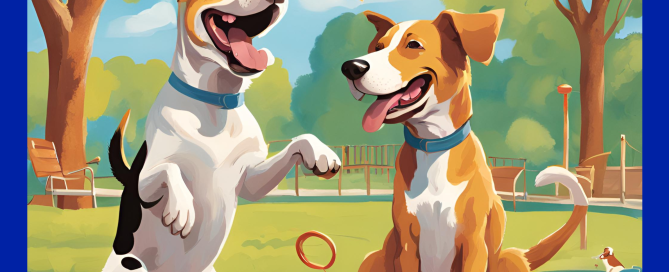 Old dogs new tricks. Two dogs in a park with toys