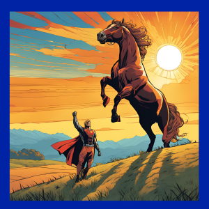 from horsepower to humanpower. Horse and a superhero on a hill with the sun setting