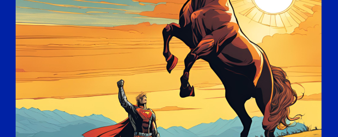from horsepower to humanpower. Horse and a superhero on a hill with the sun setting