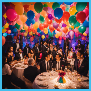 Happy birthday ACCA. An array of people wearing suits at a birthday party full of balloons