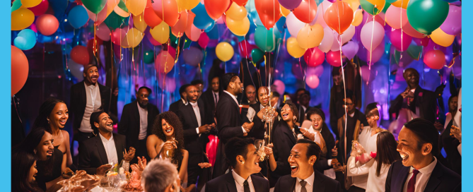 Happy birthday ACCA. An array of people wearing suits at a birthday party full of balloons