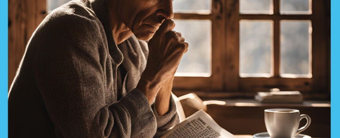 A gov.uk chatbot? Man sitting at a table reading a newspaper, a coffee cup on his desk