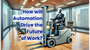 Bots ai and people. A robot on a forklift in the middle of an office meeting room