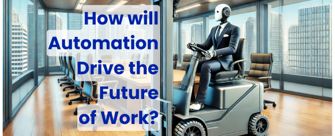 Bots ai and people. A robot on a forklift in the middle of an office meeting room