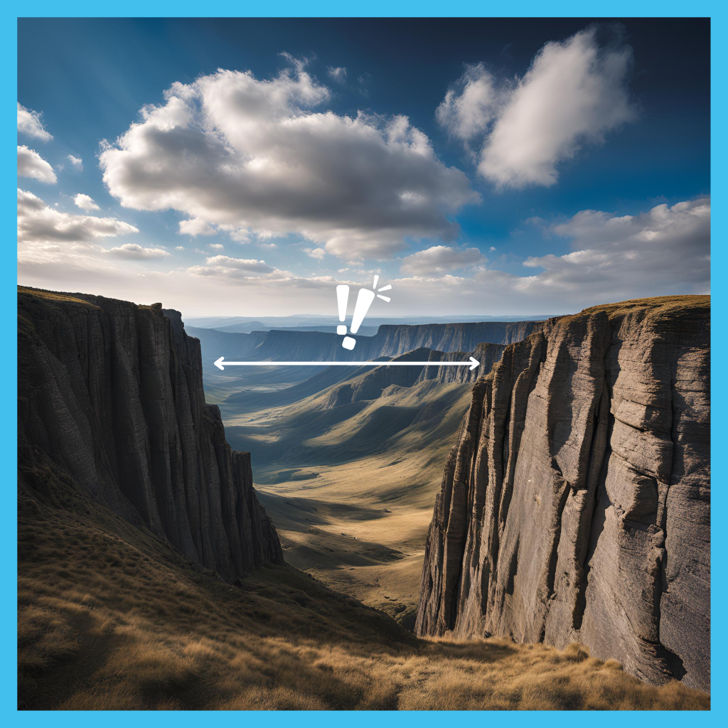 Mind the talent gap. Two cliffs with a gap in the middle, a double arrowed line highlighting the gap, two exclamation marks above the arrowed line to imply danger