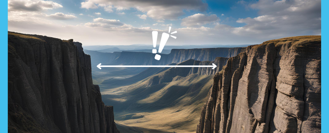 Mind the talent gap. Two cliffs with a gap in the middle, a double arrowed line highlighting the gap, two exclamation marks above the arrowed line to imply danger