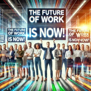 The future of work is now, a series of people standing together and holding up signs with the words, 'the future of work is now!'