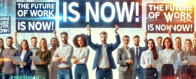 The future of work is now, a series of people standing together and holding up signs with the words, 'the future of work is now!'