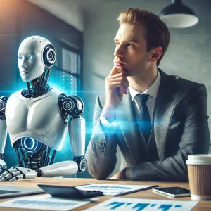 the right AI. An accountant thinking with a robot next to it.
