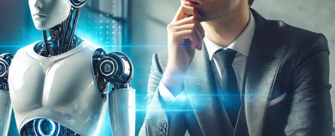 the right AI. An accountant thinking with a robot next to it.