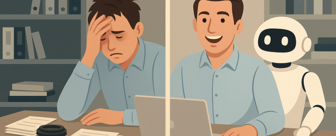 Burnout. An accountant struggling with burnout on one side, on the other side they are thriving using a beanie bot