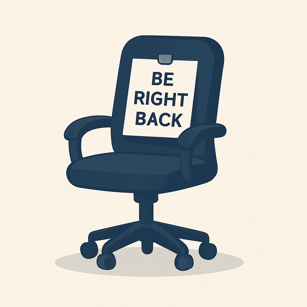 Staff sick - an office chair with a note on it that says be right back
