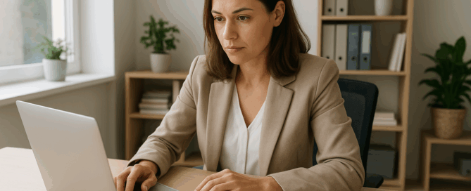 MTD. A woman working on a laptop while sat at a desk