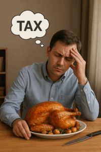 tax. An accountant with a turkey in front of him, and a thought bubble above his head with the word tax in it