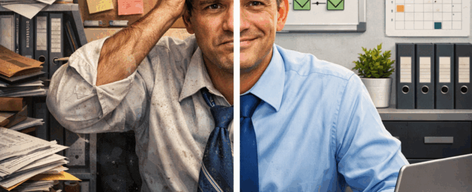 processes. Split screen of an accountant, one side is messy processes, the other side is clean processes