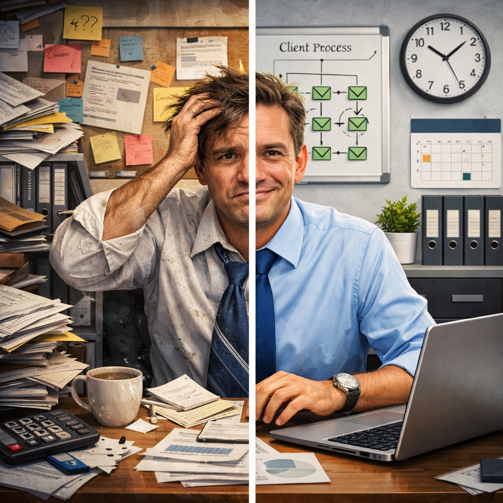 processes. Split screen of an accountant, one side is messy processes, the other side is clean processes