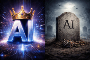 Insightful? The word AI with a crown upon it's head, a gravestone with the word AI carved into it is beside it