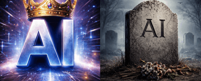 Insightful? The word AI with a crown upon it's head, a gravestone with the word AI carved into it is beside it
