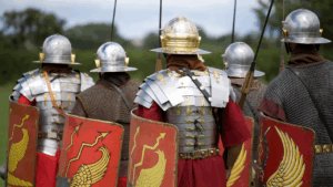 Roman legion. A group of armoured soldiers heading to battle